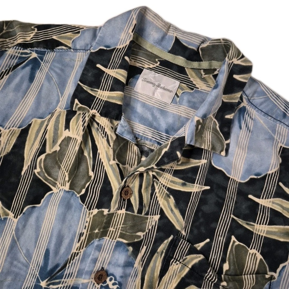 Tommy Bahama Hawaiian Shirt Mens Large Linen Silk Blend Blue Floral Pocket Aloha